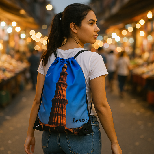 LensiQ DrawString Bags Festive Offer - Rs 490 only- Cash on Delivery | Free Shipping | Easy Returns - Designer Digital Photo Print Drawstring Bag titled ‘Qutub Minar’